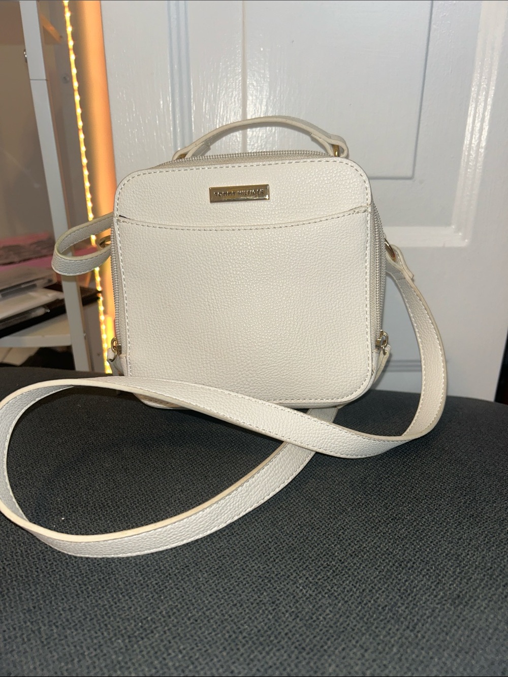 Tommy Hilfiger Cream Square Crossbody with Gold Plaque